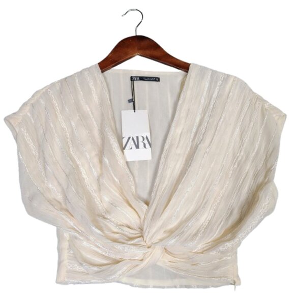 Zara Tops - Zara Crop Top Women's Small Cream Striped Shimmer Knotted Hem Blouse Boho NWT